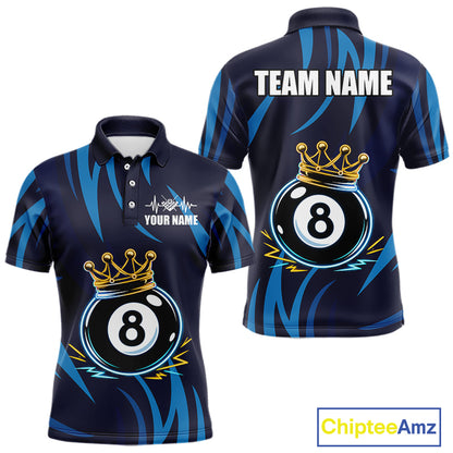 Blue Funny 8 Ball Pool Crown Neon Billiard Shirt For Men Custom Billiard Team Jersey Polo, 1/4 Zip TDM5737