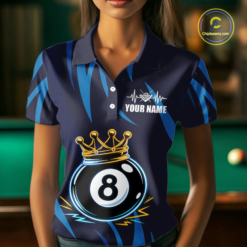 Blue Funny 8 Ball Pool Crown Neon Billiard Shirt For Women Custom Billiard Team Jersey Polo, 1/4 Zip TDM5737