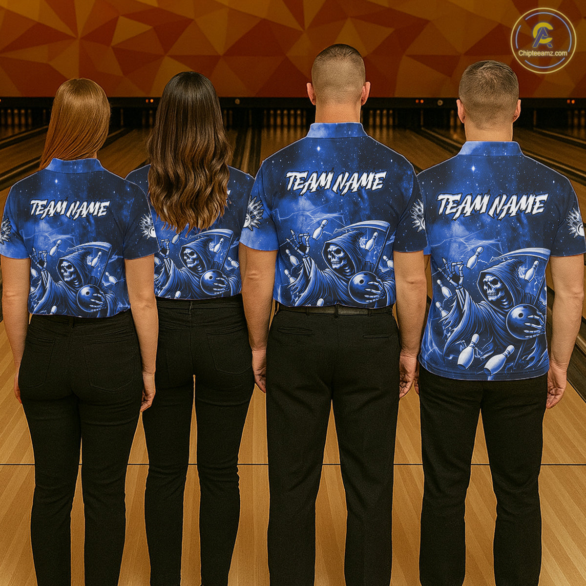Funny Blue Grim Reaper Galaxy Bowling Shirt For Men Custom Bowling Team Jersey Polo & 1/4 Zip TDM6079