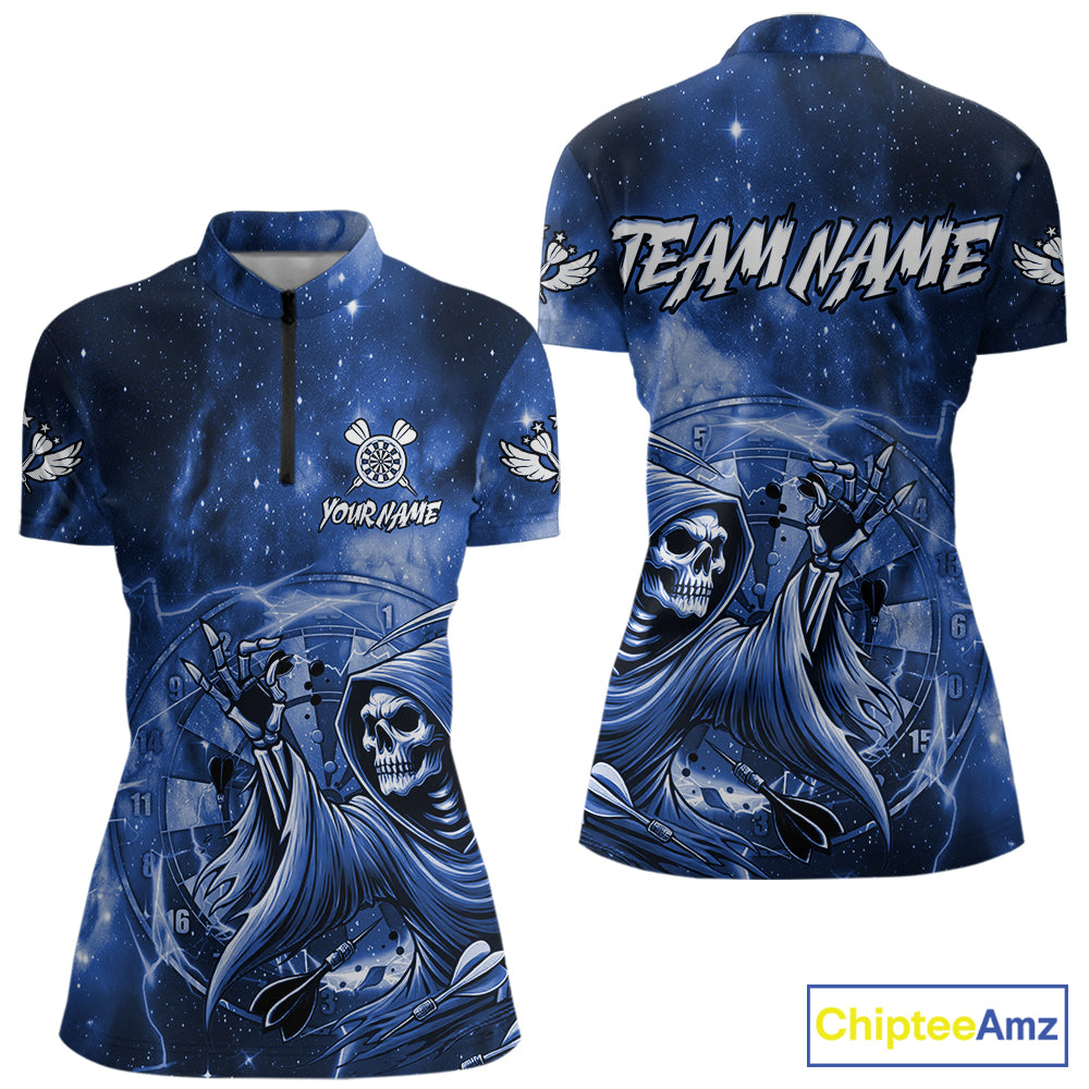 Blue Grim Reaper Galaxy Dart Shirt For Women Custom Darts Jersey Pocket Option TDM6082