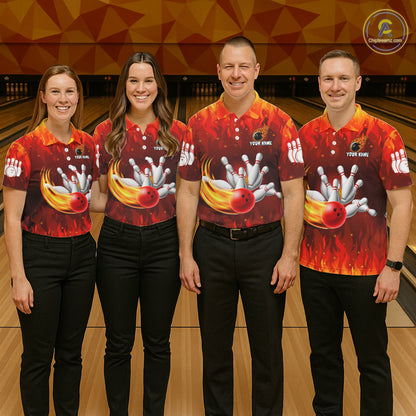 Personalized Flame Red Bowling Shirt For Men Custom Fire Bowling Team Jersey Polo & 1/4 Zip TDM6089