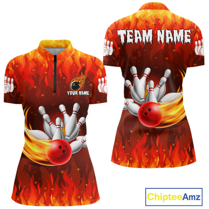 Personalized Flame Red Bowling Shirt For Women Custom Fire Bowling Team Jersey Polo & 1/4 Zip TDM6089