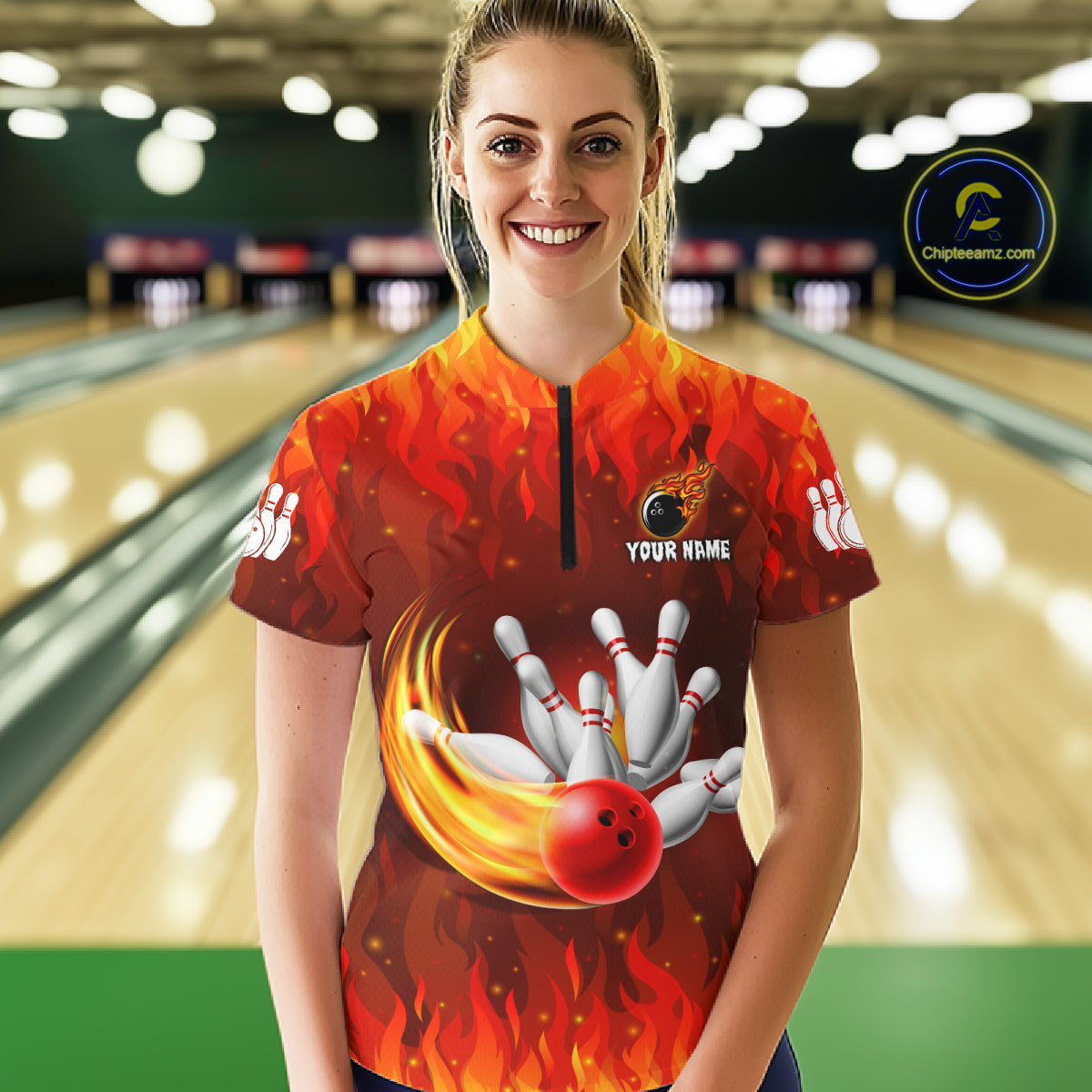 Personalized Flame Red Bowling Shirt For Women Custom Fire Bowling Team Jersey Polo & 1/4 Zip TDM6089