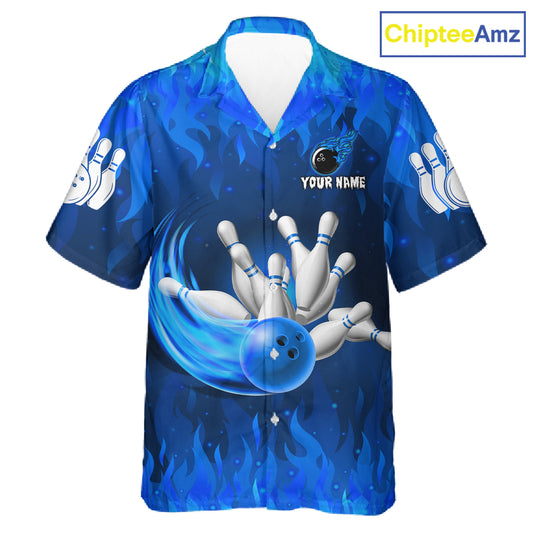Personalized Flame Blue Hawaiian Bowling Shirt For Women Custom Fire Bowling Team Jersey TDM6090
