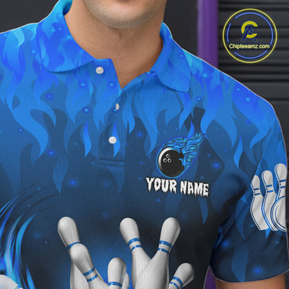 Personalized Flame Blue Bowling Shirt For Men Custom Fire Bowling Team Jersey Polo & 1/4 Zip TDM6090
