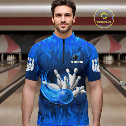 Personalized Flame Blue Bowling Shirt For Men Custom Fire Bowling Team Jersey Polo & 1/4 Zip TDM6090