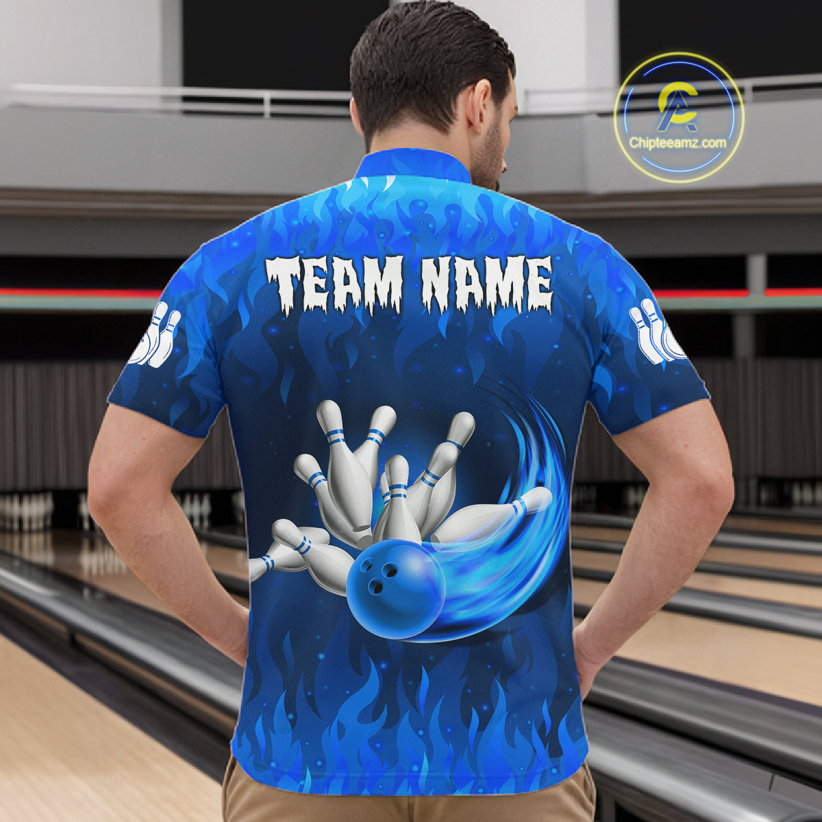Personalized Flame Blue Bowling Shirt For Men Custom Fire Bowling Team Jersey Polo & 1/4 Zip TDM6090