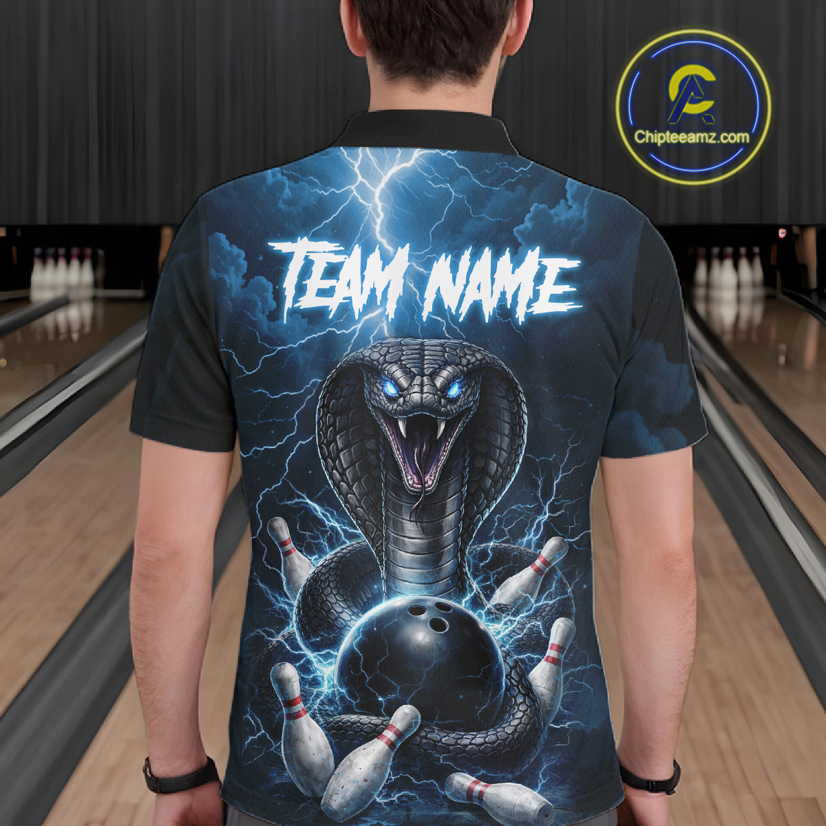 Custom Blue Lightning Cobra Snake Bowling Shirt For Men, Bowling Team Jersey Polo & 1/4 Zip TDM6350