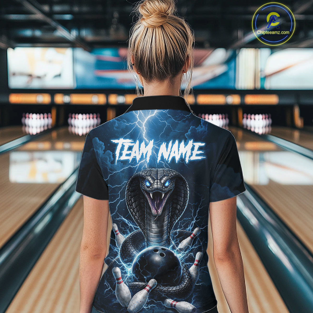Custom Blue Lightning Cobra Snake Bowling Shirt For Women, Bowling Team Jersey Polo & 1/4 Zip TDM6350