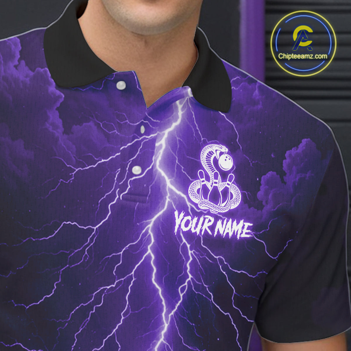 Custom Purple Lightning Cobra Snake Bowling Shirt For Men, Bowling Team Jersey Polo & 1/4 Zip TDM6351
