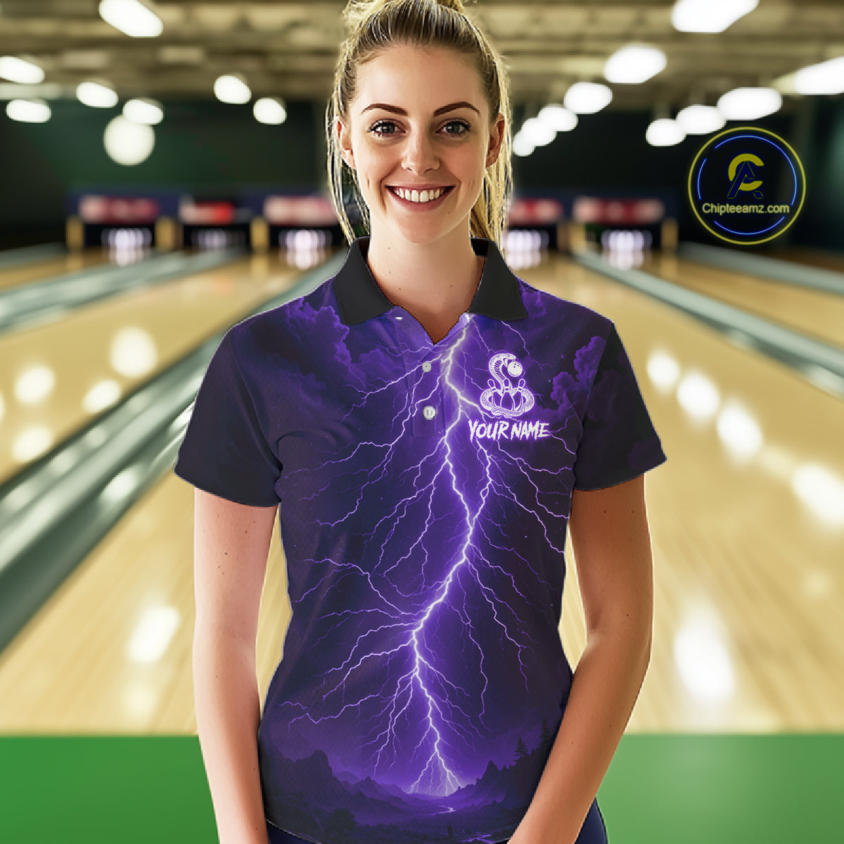 Custom Purple Lightning Cobra Snake Bowling Shirt For Women, Bowling Team Jersey Polo & 1/4 Zip TDM6351