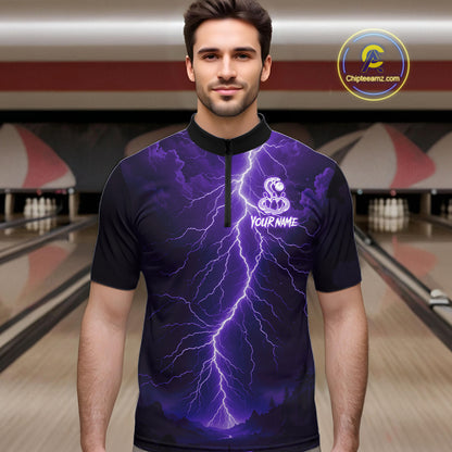 Custom Purple Lightning Cobra Snake Bowling Shirt For Men, Bowling Team Jersey Polo & 1/4 Zip TDM6351