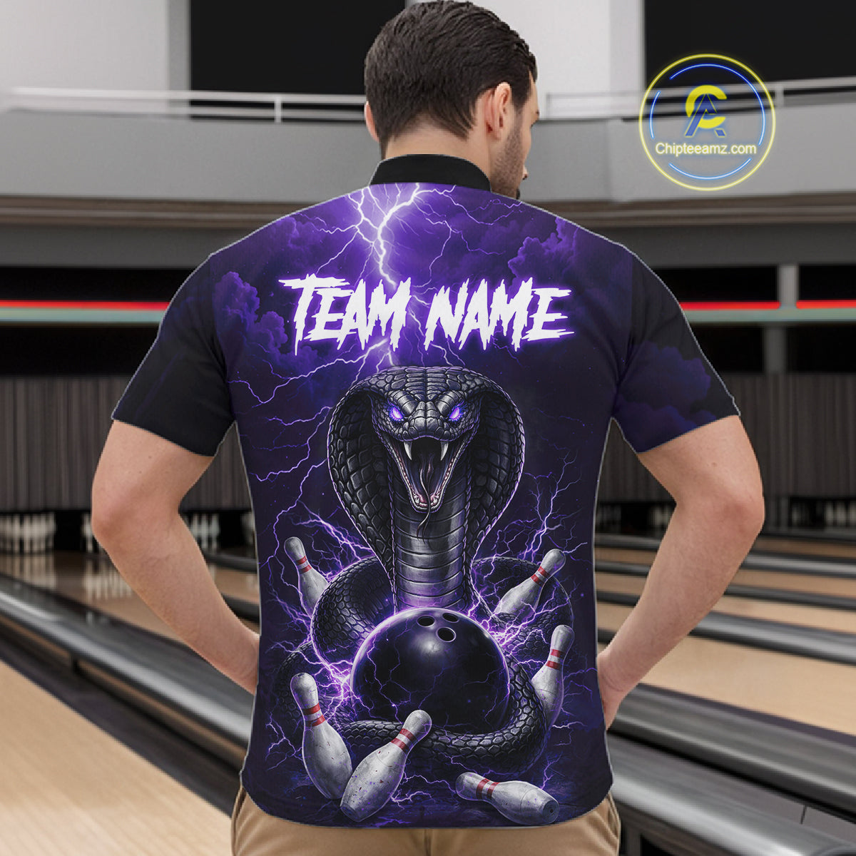 Custom Purple Lightning Cobra Snake Bowling Shirt For Men, Bowling Team Jersey Polo & 1/4 Zip TDM6351