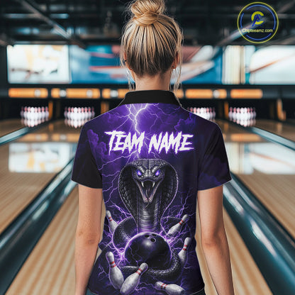 Custom Purple Lightning Cobra Snake Bowling Shirt For Women, Bowling Team Jersey Polo & 1/4 Zip TDM6351
