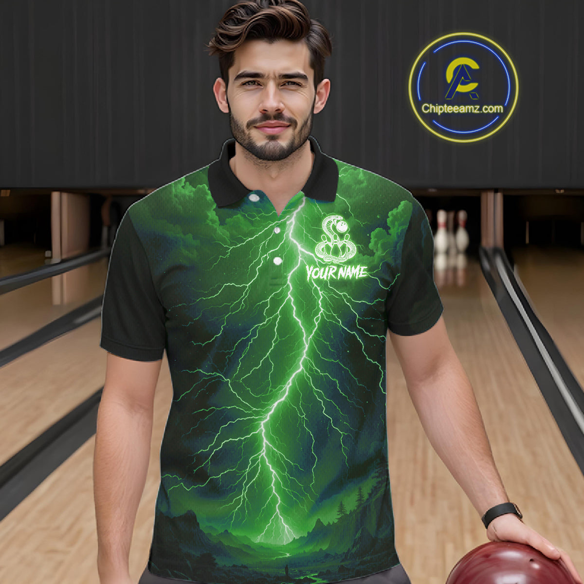 Custom Green Lightning Cobra Snake Bowling Shirt For Men, Bowling Team Jersey Polo & 1/4 Zip TDM6352