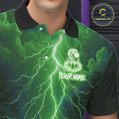 Custom Green Lightning Cobra Snake Bowling Shirt For Men, Bowling Team Jersey Polo & 1/4 Zip TDM6352