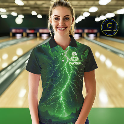Custom Green Lightning Cobra Snake Bowling Shirt For Women, Bowling Team Jersey Polo & 1/4 Zip TDM6352