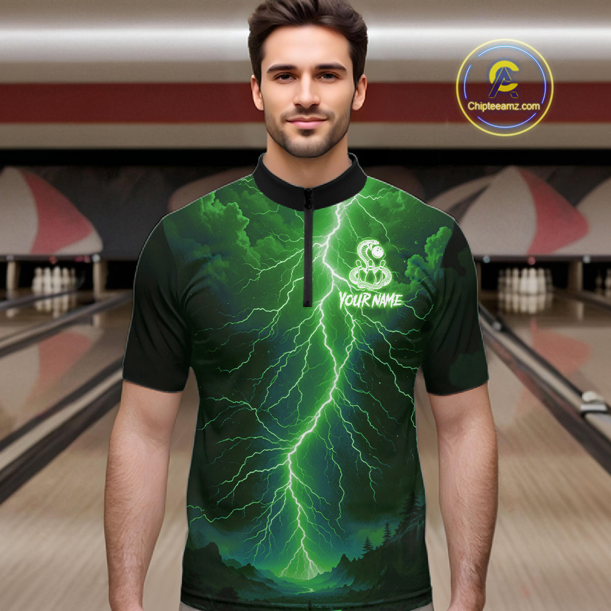 Custom Green Lightning Cobra Snake Bowling Shirt For Men, Bowling Team Jersey Polo & 1/4 Zip TDM6352