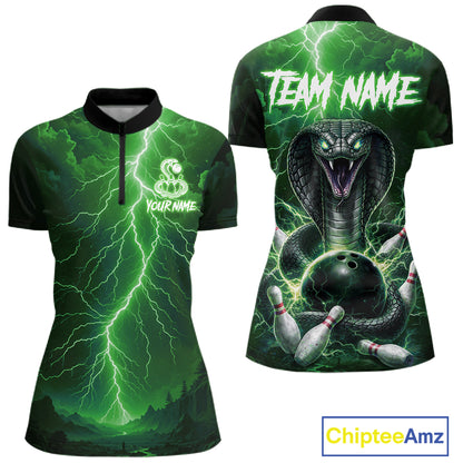 Custom Green Lightning Cobra Snake Bowling Shirt For Women, Bowling Team Jersey Polo & 1/4 Zip TDM6352