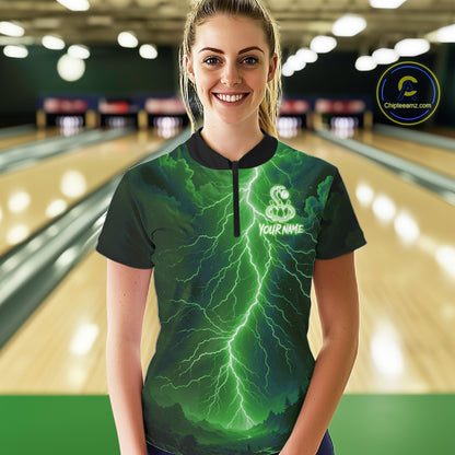 Custom Green Lightning Cobra Snake Bowling Shirt For Women, Bowling Team Jersey Polo & 1/4 Zip TDM6352