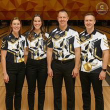 Load image into Gallery viewer, Custom Smoke Bowling Pins Polo &amp; Quarter Zip Shirt For Women, Bowling League Team Jersey |Gold TDM6521