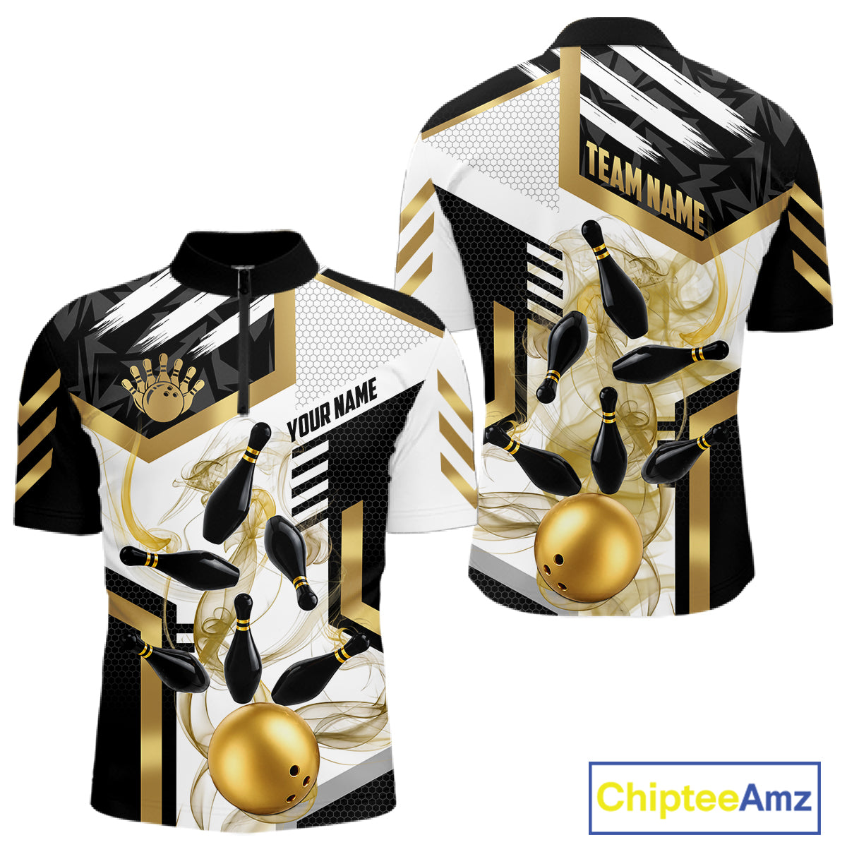 Custom Smoke Bowling Pins Polo & Quarter Zip Shirt For Men, Bowling League Team Jersey |Gold TDM6521