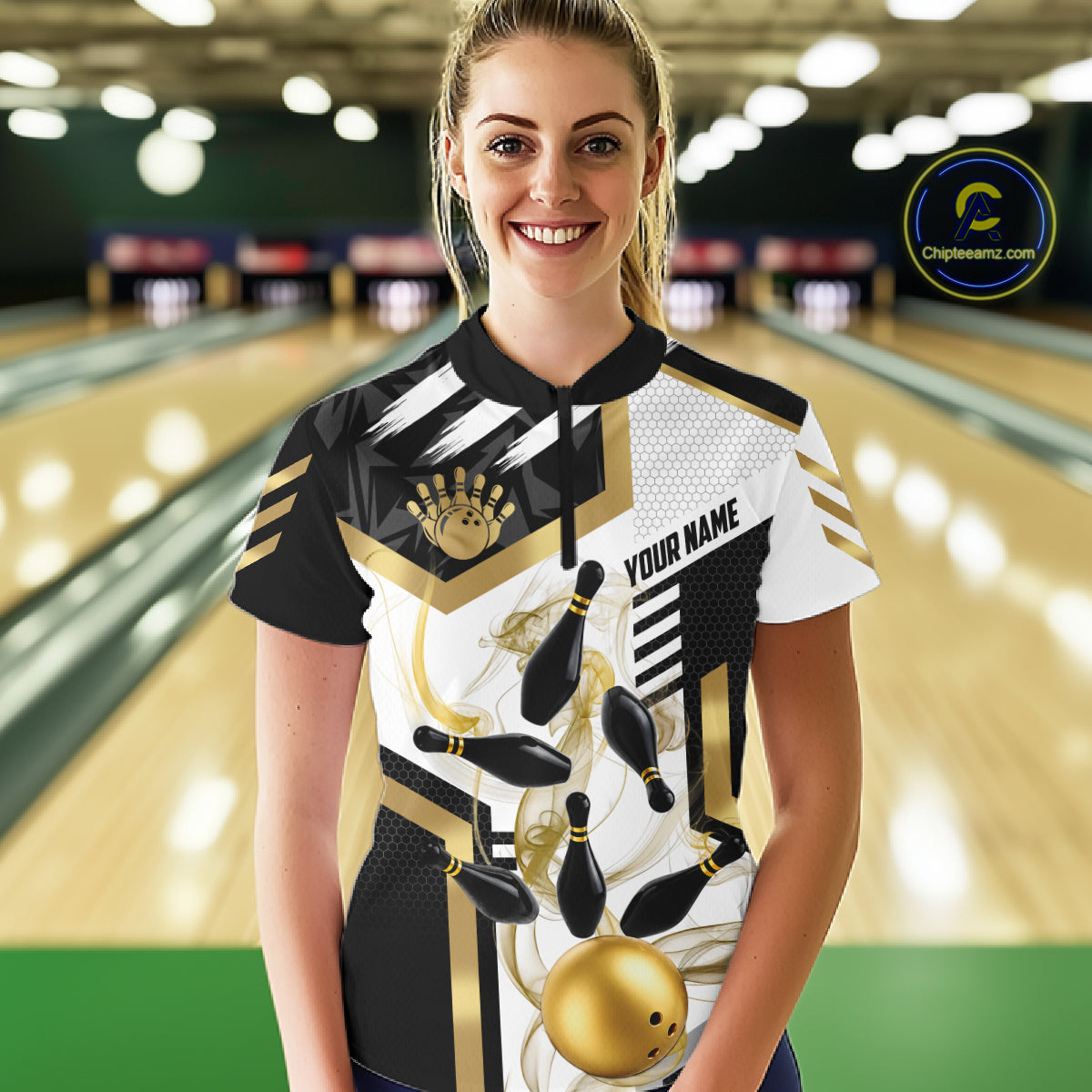Custom Smoke Bowling Pins Polo & Quarter Zip Shirt For Women, Bowling League Team Jersey |Gold TDM6521