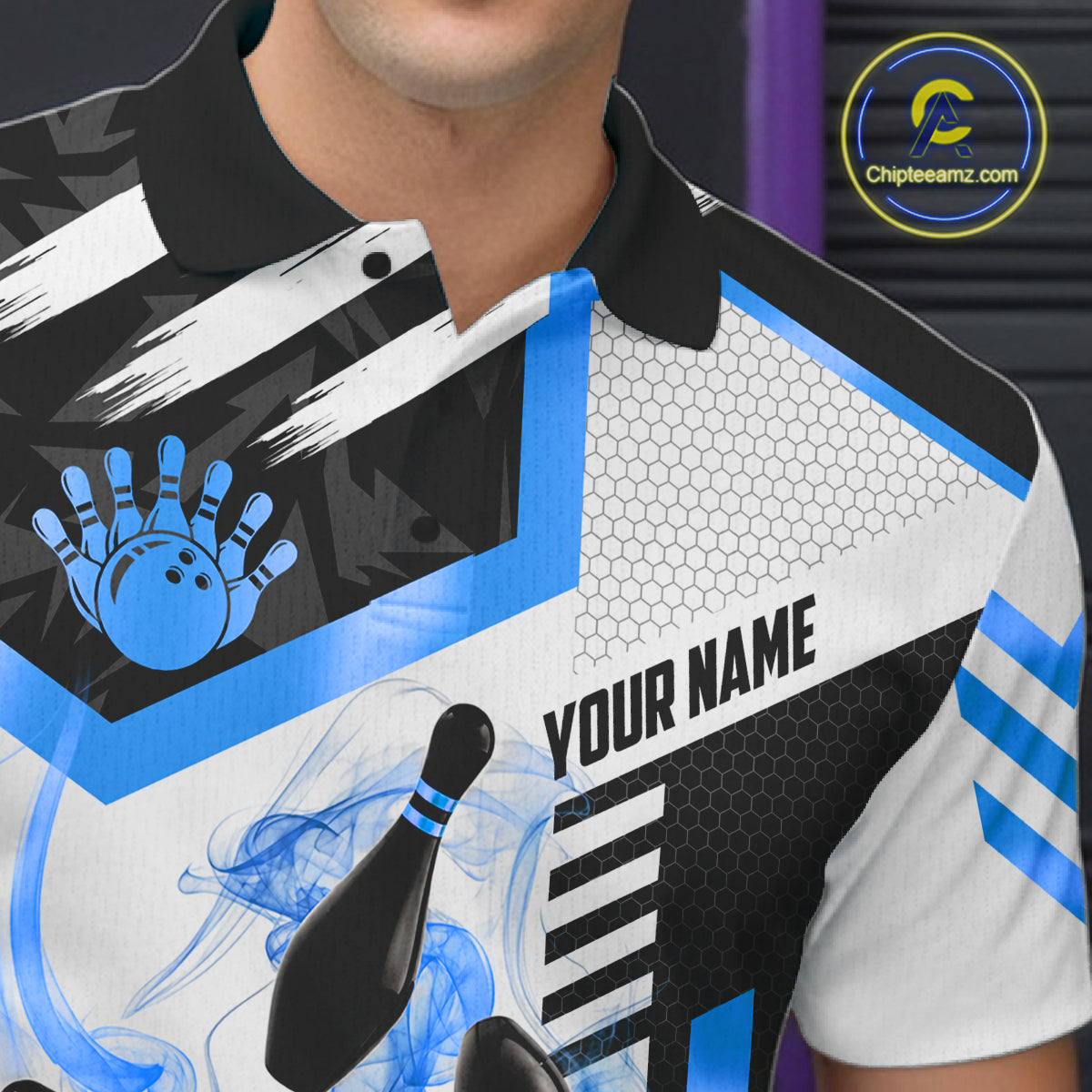 Custom Smoke Bowling Pins Polo & Quarter Zip Shirt For Men, Bowling League Team Jersey |Blue TDM6522