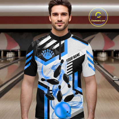 Custom Smoke Bowling Pins Polo & Quarter Zip Shirt For Men, Bowling League Team Jersey |Blue TDM6522
