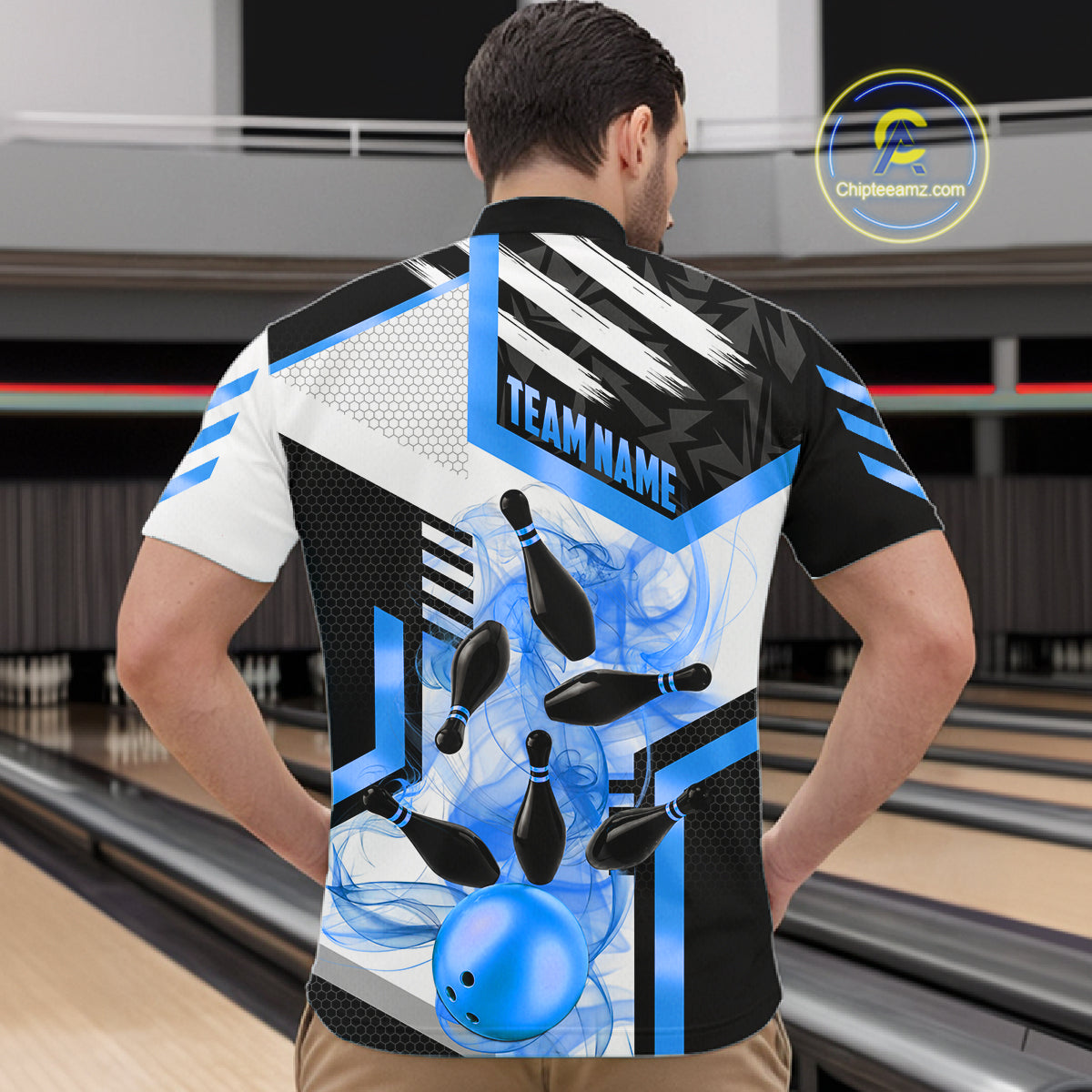Custom Smoke Bowling Pins Polo & Quarter Zip Shirt For Men, Bowling League Team Jersey |Blue TDM6522