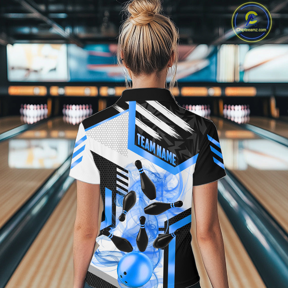 Custom Smoke Bowling Pins Polo & Quarter Zip Shirt For Women, Bowling League Team Jersey |Blue TDM6522