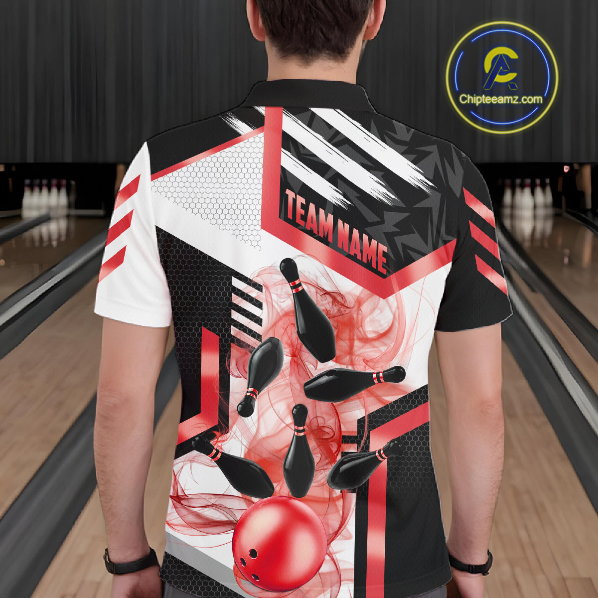 Custom Smoke Bowling Pins Polo & Quarter Zip Shirt For Men, Bowling League Team Jersey |Red TDM6523