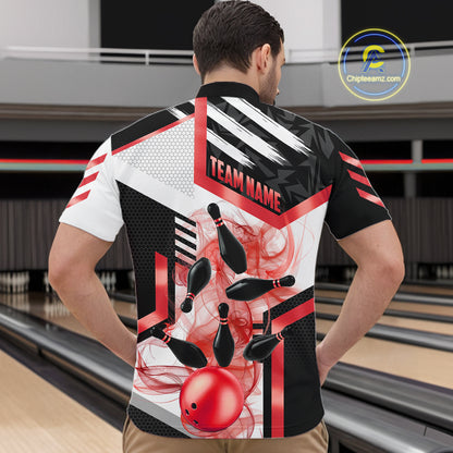Custom Smoke Bowling Pins Polo & Quarter Zip Shirt For Men, Bowling League Team Jersey |Red TDM6523