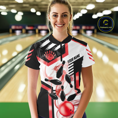 Custom Smoke Bowling Pins Polo & Quarter Zip Shirt For Women, Bowling League Team Jersey |Red TDM6523