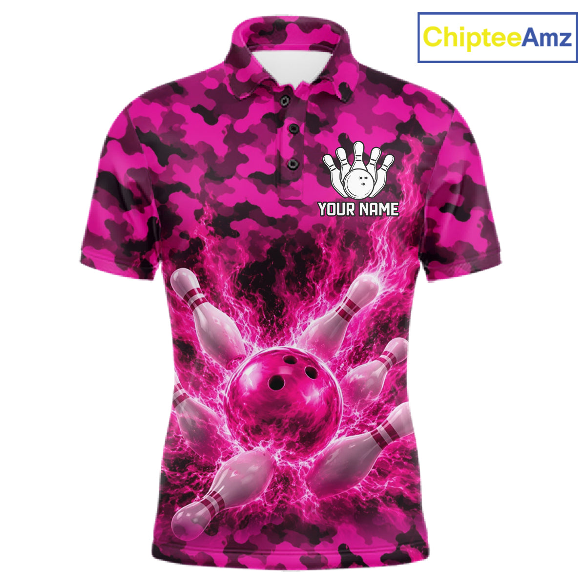 Custom Pink Camo Lightning Flame Bowling Jersey For Men, Bowling Team Shirts Polo & 1/4 Zip TDM6524