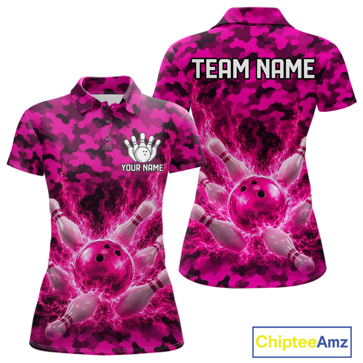 Custom Pink Camo Lightning Flame Bowling Jersey For Women, Bowling Team Shirts Polo & 1/4 Zip TDM6524