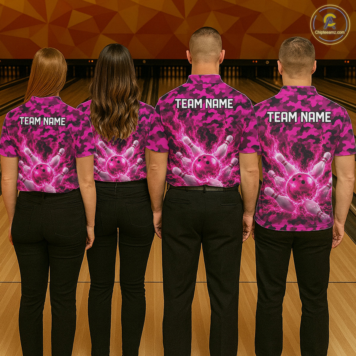 Custom Pink Camo Lightning Flame Bowling Jersey For Men, Bowling Team Shirts Polo & 1/4 Zip TDM6524