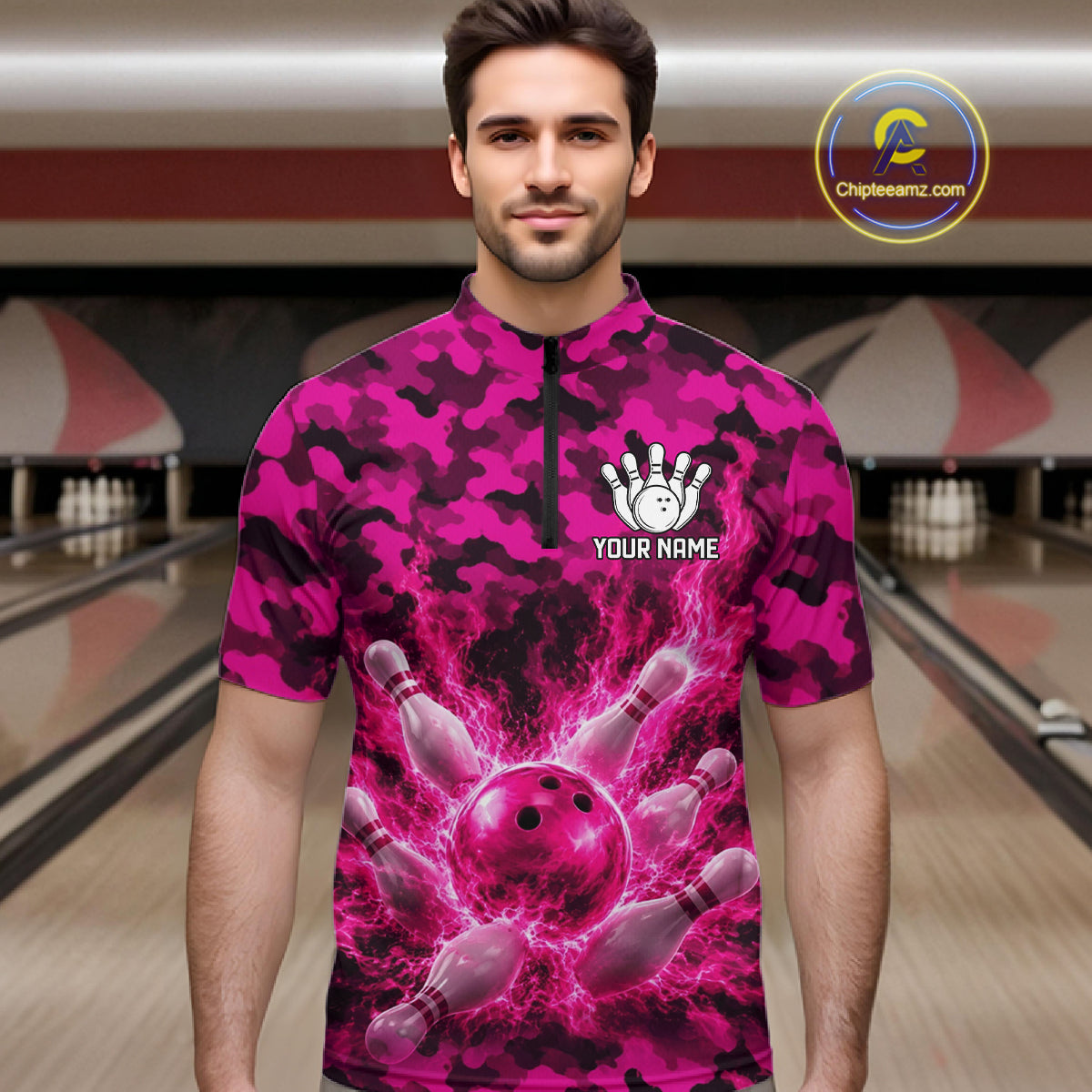Custom Pink Camo Lightning Flame Bowling Jersey For Men, Bowling Team Shirts Polo & 1/4 Zip TDM6524