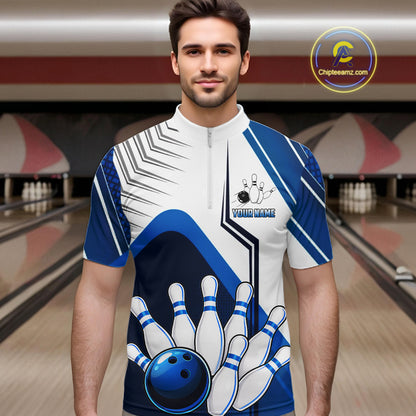 Custom White And Blue Bowling Ball Polo & Quarter Zip For Men, Bowling Team Shirts, Bowling Jersey TDM6525