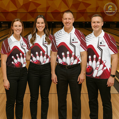 Custom White And Red Bowling Ball Polo & Quarter Zip For Women, Bowling Team Shirts, Bowling Jersey TDM6526