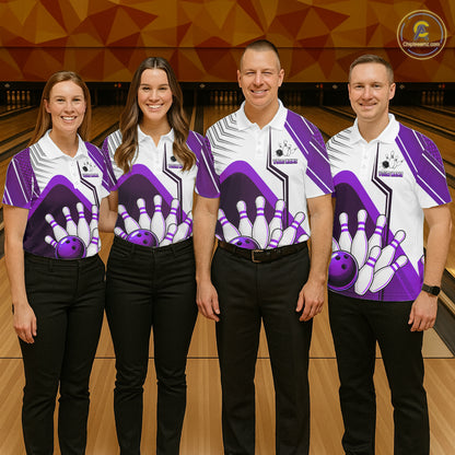 Custom White And Purple Bowling Ball Polo & Quarter Zip For Men, Bowling Team Shirt, Bowling Jersey TDM6527