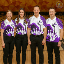 Load image into Gallery viewer, Custom White And Purple Bowling Ball Polo &amp; Quarter Zip For Men, Bowling Team Shirt, Bowling Jersey TDM6527