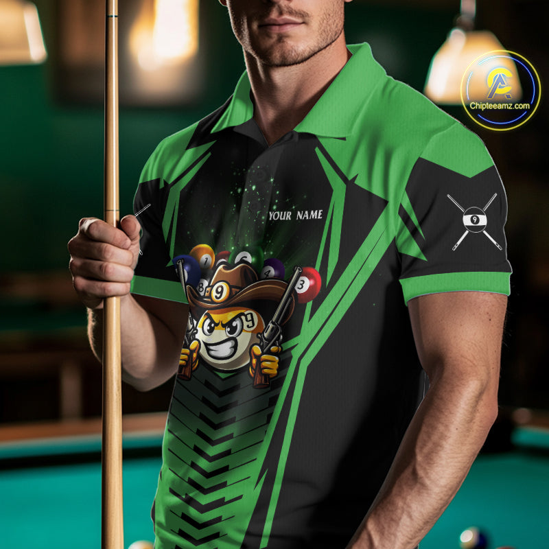 Man wearing a green 9 ball cowboy billiard jersey beside a pool table front view.