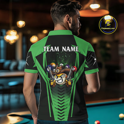 Back view of man wearing a green 9 ball cowboy pool shirt in a billiards hall.