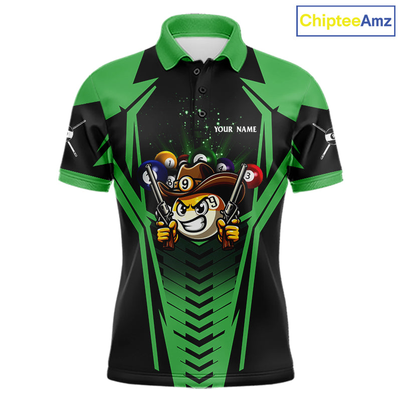 Green 9 ball cowboy billiard polo shirt for men with funny pool team graphics.