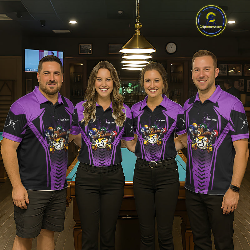Pool team wearing matching purple 9 ball cowboy billiard jerseys during league matches front view.