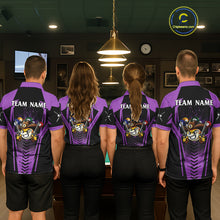 Load image into Gallery viewer, Back view of pool players wearing matching purple cowboy billiard shirts in a game room.
