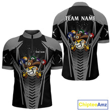 Load image into Gallery viewer, Grey 9 ball cowboy billiard quarter zip shirt for men designed for league tournaments and team events.