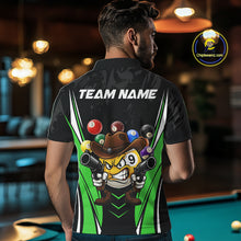 Load image into Gallery viewer, Back view of man wearing a black and green 8 ball and 9 ball pool shirt in a billiards hall.