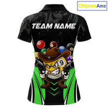 Load image into Gallery viewer, Black and green 8 ball and 9 ball billiard polo shirt for women with custom pool team graphics.
